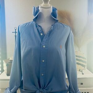 Ralph Lauren Men's Sky Blue Button-Down Shirt with Orange Pony